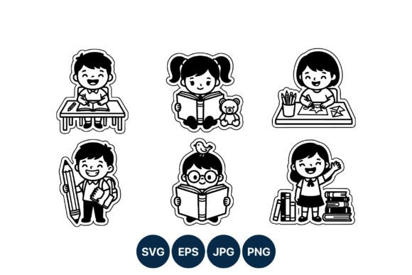 Cheerful Kids Reading Writing Drawing Graphics