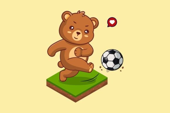 Cute Brown Teddy Bear Kick Soccer Ball