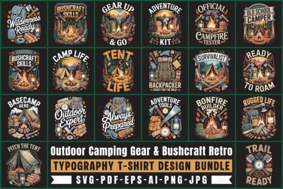 Outdoor Camping Gear Bushcraft Retro Typography Bundle offers a nostalgic yet modern approach to graphic design for outdoor enthusiasts and content creators. This bundle is ideal for bloggers, publishers, and digital marketers looking to elevate their visual storytelling with a retro aesthetic that feels both authentic and professional.