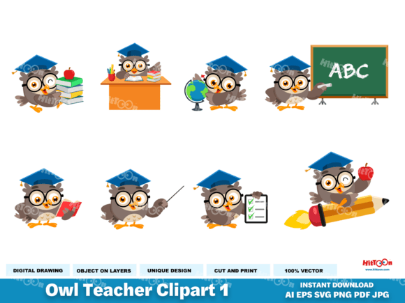 Owl Teacher Cartoon Characters 1: Graphics & Illustrations for Crafting