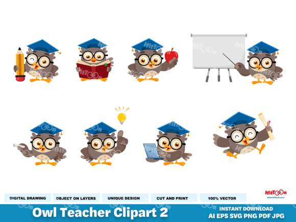 Owl Teacher Cartoon Characters 2: Graphics & Illustrations for Digital Sellers